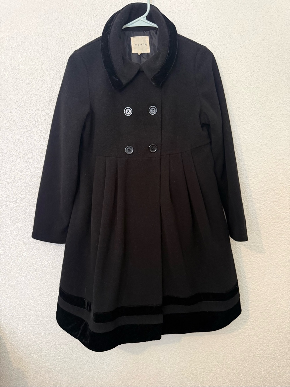 Copper Key Black Double-Breasted Pea Coat with Velvet Trim